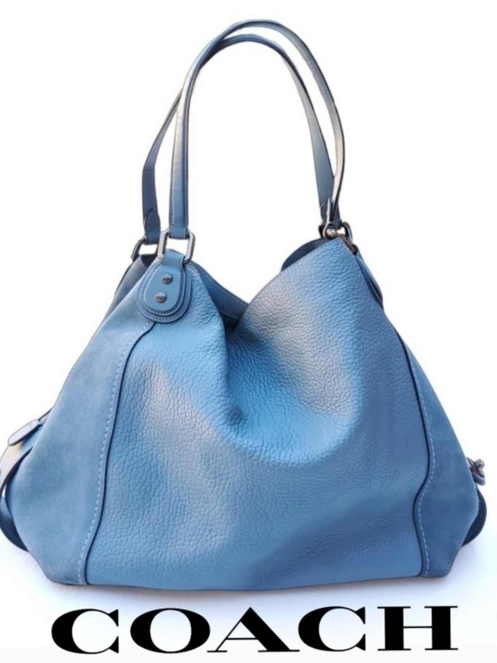 Coach Edie 42 Buffalo-Embossed Mixed Leathers Blue Large Shoulder Bag